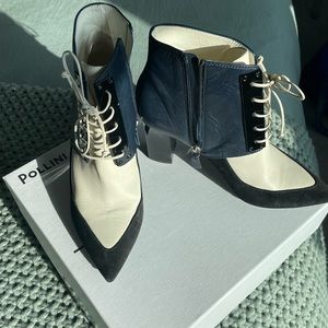 POLLINI Beige Black Blue Suede Leather Lace Up Pointed Toe Ankle Heel Boots